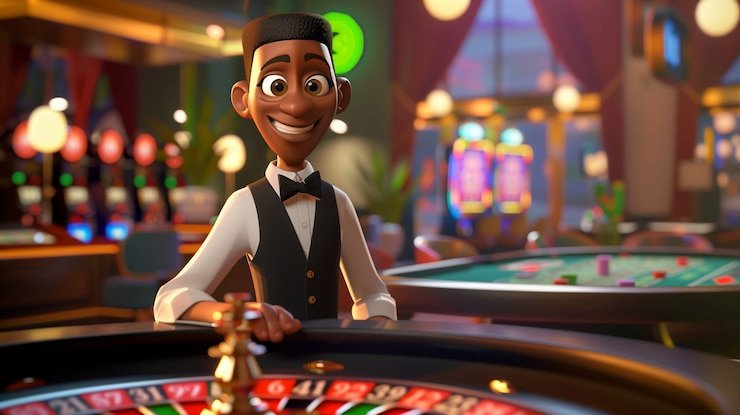 Roulette wheel dengan animasi spinning dan opsi taruhan di layout meja